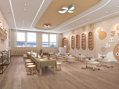 Kindergarten Interior Spacious Bright With Wooden Furniture Learning Tables Toy Shelves And Windows 3d model