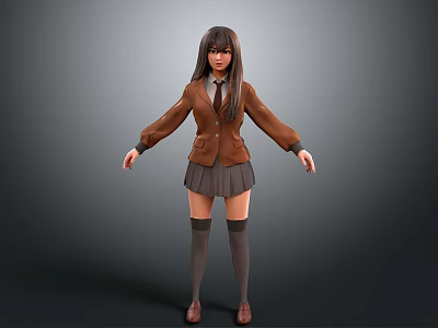 Child in School Uniform with Brown Coat Vest Gray Pleated Skirt and Knee High Socks 3d model