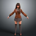 Child in School Uniform with Brown Coat Vest Gray Pleated Skirt and Knee High Socks