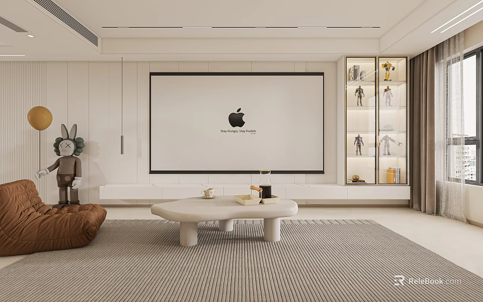 Modern Living Dining Room Interior With Large Screen Coffee Table Display Cabinet And Striped Rug 3d model 