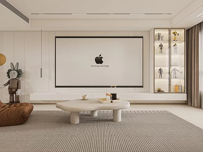 Modern Living Dining Room Interior With Large Screen Coffee Table Display Cabinet And Striped Rug 3d model