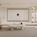 Modern Living Dining Room Interior With Large Screen Coffee Table Display Cabinet And Striped Rug