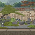 Traditional Japanese Garden With Bamboo Fence Green Orange Trees Rocks Moss And Stone Lanterns
