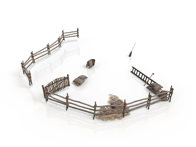 Rustic Wooden Fence Enclosure With Circular Structure And Stone Elements 3d model