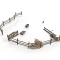 Rustic Wooden Fence Enclosure With Circular Structure And Stone Elements 3d model