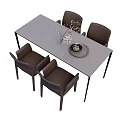 Gray Rectangular Dining Table Set with Black Legs Four Dark Brown Chairs and Decorative Centerpiece 3d model
