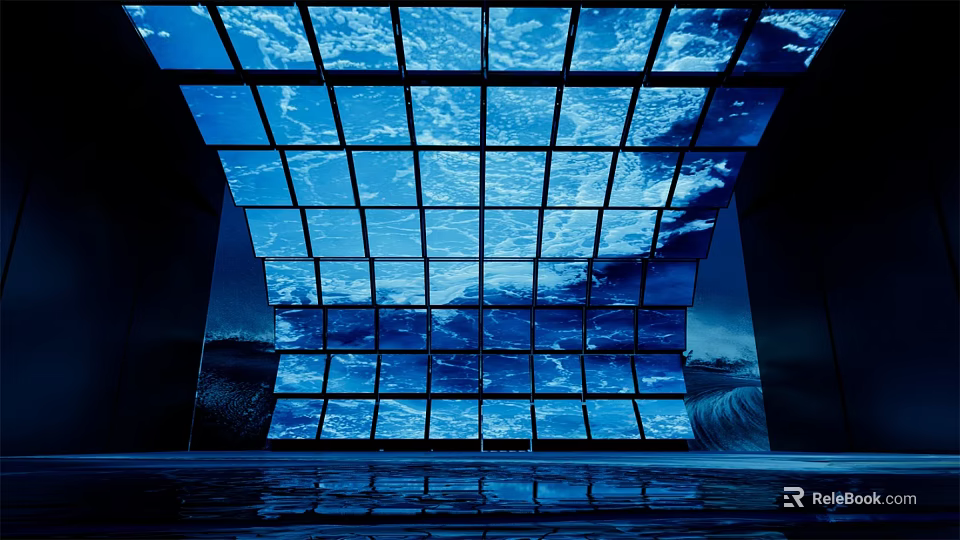 Modern Ballroom Interior With Blue Square Panel Ceiling Water Wave Lighting And Reflective Floor 3d model 
