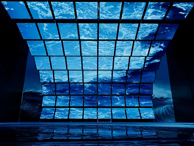 Modern Ballroom Interior With Blue Square Panel Ceiling Water Wave Lighting And Reflective Floor 3d model