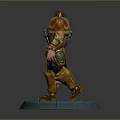 Golden Armored Warrior Holding Giant Sword on Blue Pedestal with Green Patterns