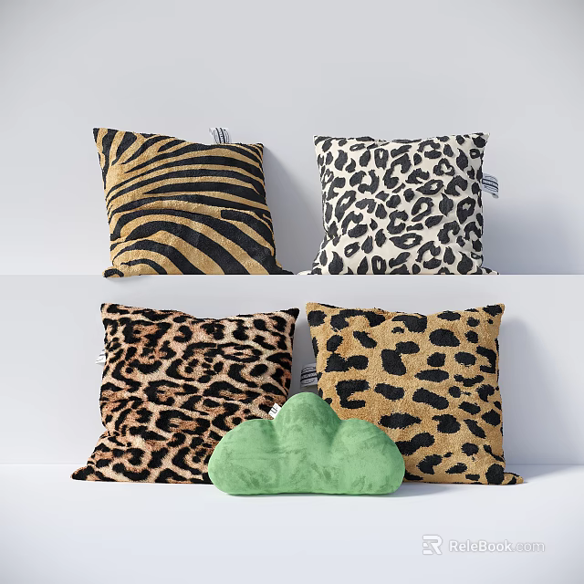 Decorative Animal Print Throw Pillows Featuring Zebra Leopard Patterns And Green Cloud Shaped Design 3d model