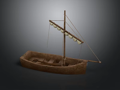 Traditional Wooden Boat With Mast Hanging Lanterns Seats And Wooden Structure 3d model