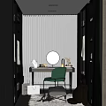 Modern Walk-in Closet Interior Design With Glass Cabinets Mirror Green Chair And Storage Rug