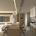 Modern Open Living Dining Room Interior With Wooden Table Chairs Pendant Lights TV And Cabinets