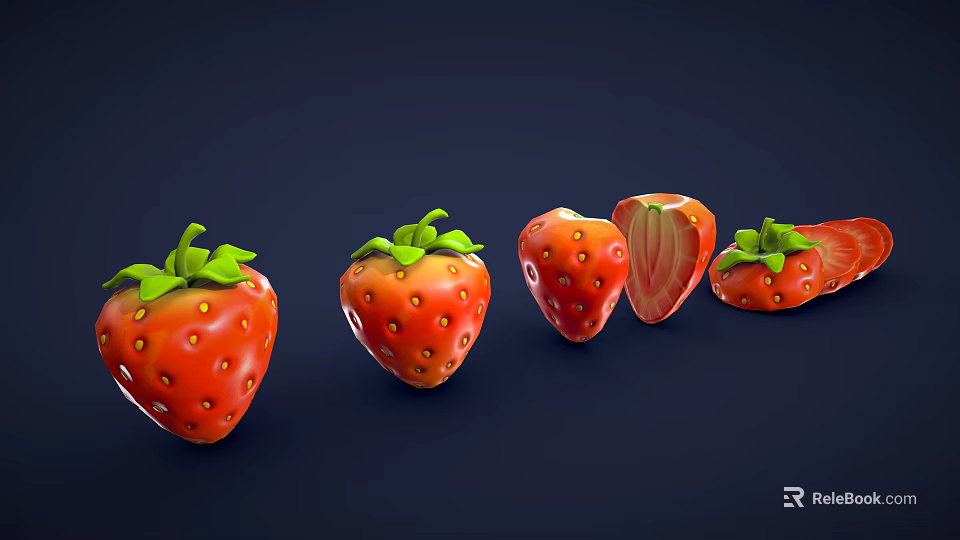 Fresh Red Strawberries With Green Leaves Whole And Sliced On Dark Blue Background 3d model 