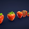 Fresh Red Strawberries With Green Leaves Whole And Sliced On Dark Blue Background