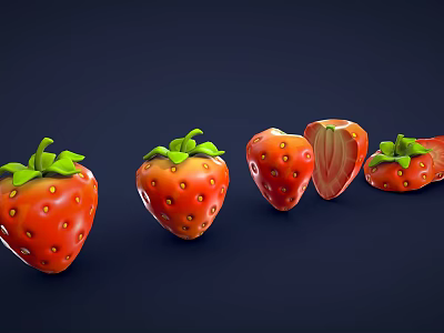 Fresh Red Strawberries With Green Leaves Whole And Sliced On Dark Blue Background 3d model