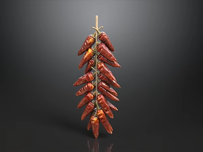 Dried Red Chili Peppers Hanging In Cluster On Black Background 3d model