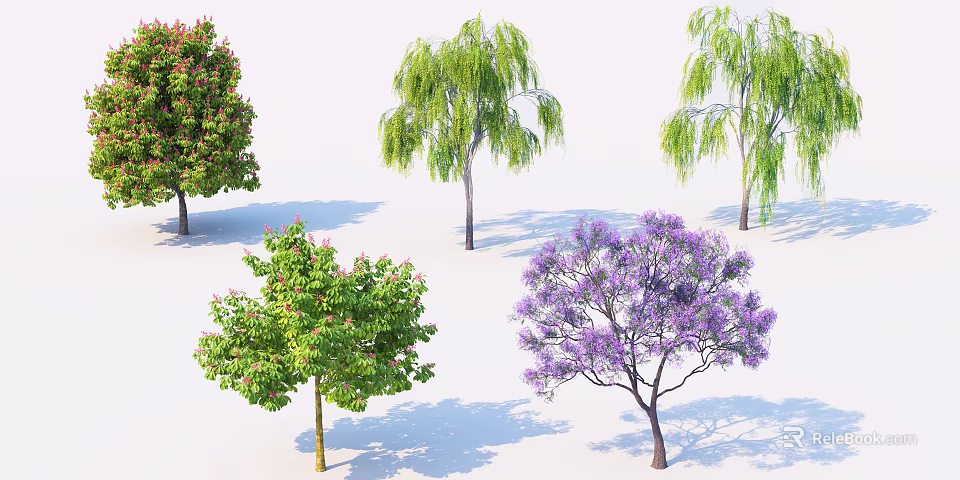 Various Types of Arbor With Different Leaf Colors and Blooming Flowers in Natural 3d model 