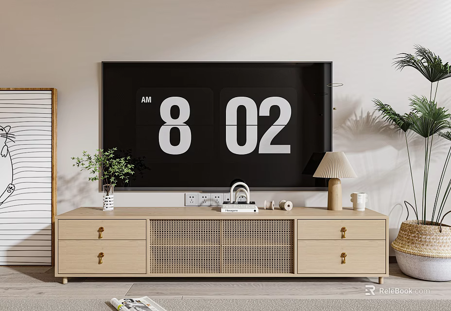 Modern Light Wood TV Stand With Drawers Rattan Doors Table Lamp And Decorative Items 3d model 