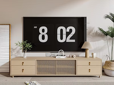 Modern Light Wood TV Stand With Drawers Rattan Doors Table Lamp And Decorative Items 3d model