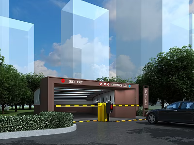 Modern Road Facility Underground Parking Entrance With Barrier Car And Green Trees Near Building 3d model