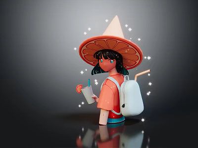 Cartoon Girl With Orange Slice Hat Holding Drink And White Backpack With Sparkles 3d model