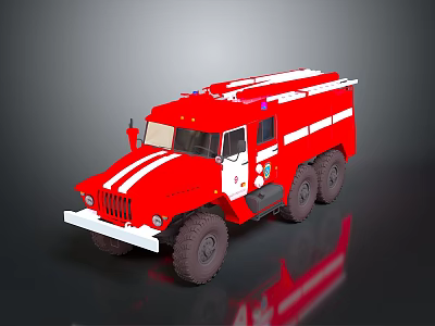 Red Six Wheel Fire Truck With White Stripes And Roof Equipment Design 3d model