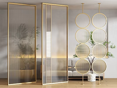 Modern Room Dividers With Golden Framed Glass Vertical Stripes And Circular Designs In Living Room 3d model