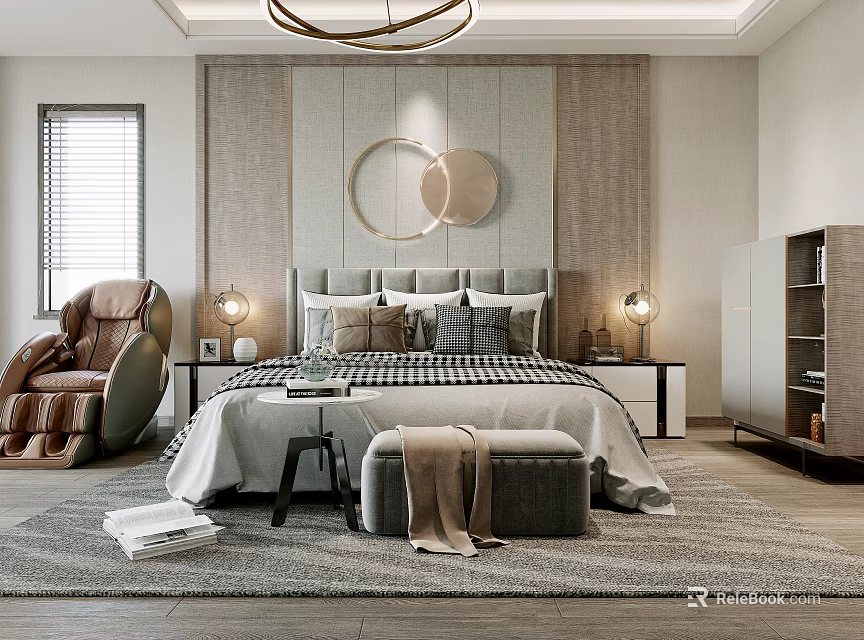 Modern Bedroom Interior With Gray Headboard Plaid Bedding Decorative Circles And Brown Armchair 3d model 