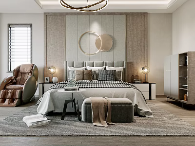 Modern Bedroom Interior With Gray Headboard Plaid Bedding Decorative Circles And Brown Armchair 3d model