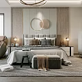 Modern Bedroom Interior With Gray Headboard Plaid Bedding Decorative Circles And Brown Armchair