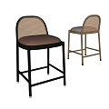 Stylish Bar Stools With Black Metal And Wooden Frames Brown Velvet Seats And Woven Backrests