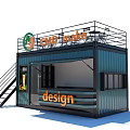 Gold Coffee Container Shop Design With Blue Exterior Terrace And Awning