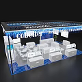 Modern Cobetter Exhibition Booth With Blue Lighting Display Screens White Counters And Green Plants