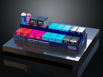 SUICA Alcohol Suppressant Strip Display With Colorful Boxes And Bottles On Stand 3d model