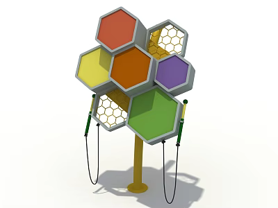 Colorful Hexagon Shaped Playground Equipment With Multiple Panels Ropes And Yellow Pole 3d model