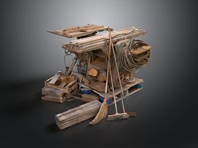 Recycled Wooden Planks And Metal Components Stacked Art Installation With Ropes And Broom 3d model
