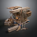 Recycled Wooden Planks And Metal Components Stacked Art Installation With Ropes And Broom