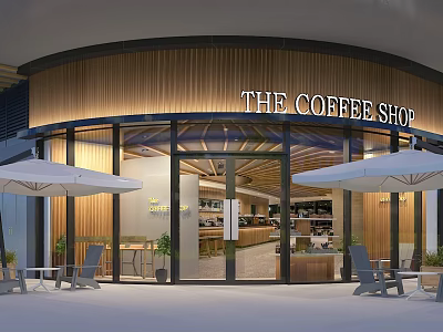 Modern Café Exterior Design With Wooden Facade Glass Doors White Umbrellas And Outdoor Seating 3d model