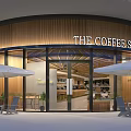 Modern Café Exterior Design With Wooden Facade Glass Doors White Umbrellas And Outdoor Seating