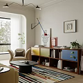 Modern Living Room Design With Beige Sofa Accent Chair Colorful Striped Rug And Floor-To-Ceiling Windows