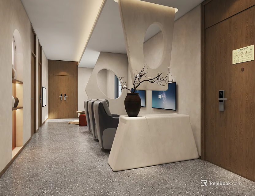 Modern Leisure Area Interior With Gray Sofa Console Table TV And Circular Decor 3d model 
