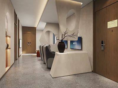 Modern Leisure Area Interior With Gray Sofa Console Table TV And Circular Decor 3d model