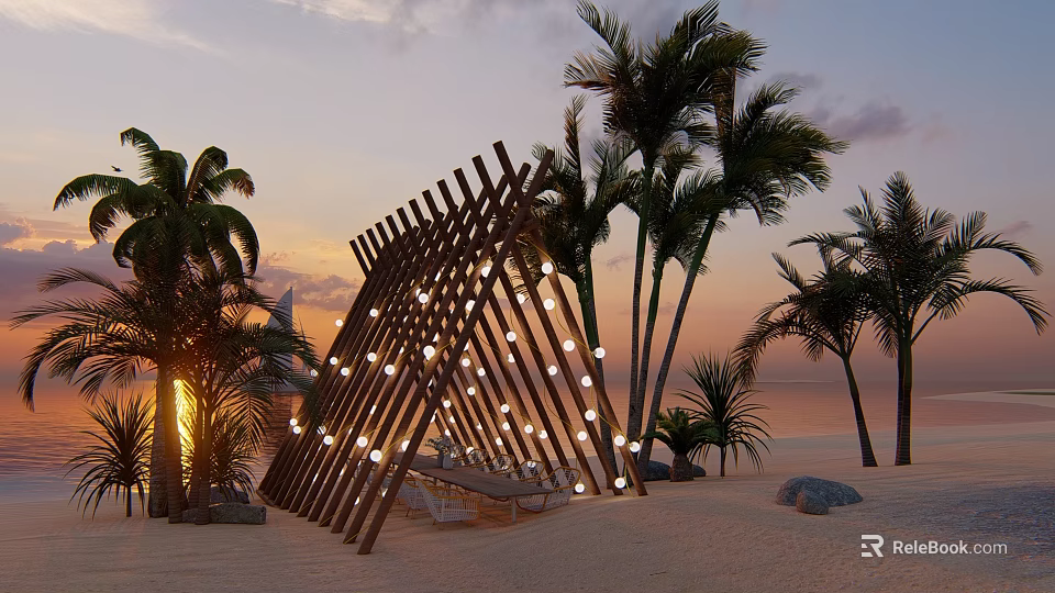 Wooden Pergola With Decorative Lights On Beach At Sunset Surrounded By Palm Trees 3d model 
