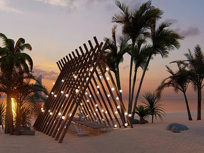 Wooden Pergola With Decorative Lights On Beach At Sunset Surrounded By Palm Trees 3d model