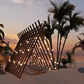 Wooden Pergola With Decorative Lights On Beach At Sunset Surrounded By Palm Trees