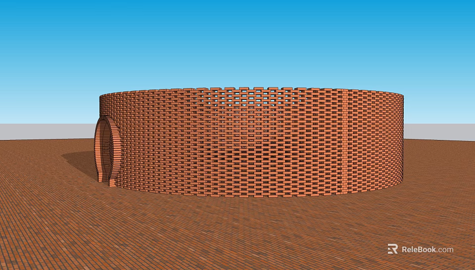 Circular Red Brick Latticed Structure With Central Opening Against Blue Sky On Brown Ground 3d model