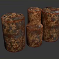 Four Rusty Metal Barrels With Different Sizes Industrial Storage Equipment Weathered Surfaces