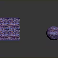 Purple And Blue Cube With Brick Like Texture Alongside Sphere On Black Smooth Surface With Reflections