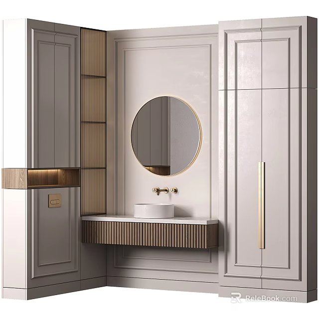 Modern Luxury Bathroom Vanity with Round Mirror Gold Frame White Countertop Wooden Accents and Cabinets 3d model 